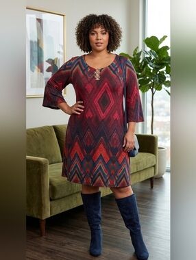 Chelsea Taylor Plus Size XXL Red Blue Geometric 70s Bell Sleeve Dress A-Line